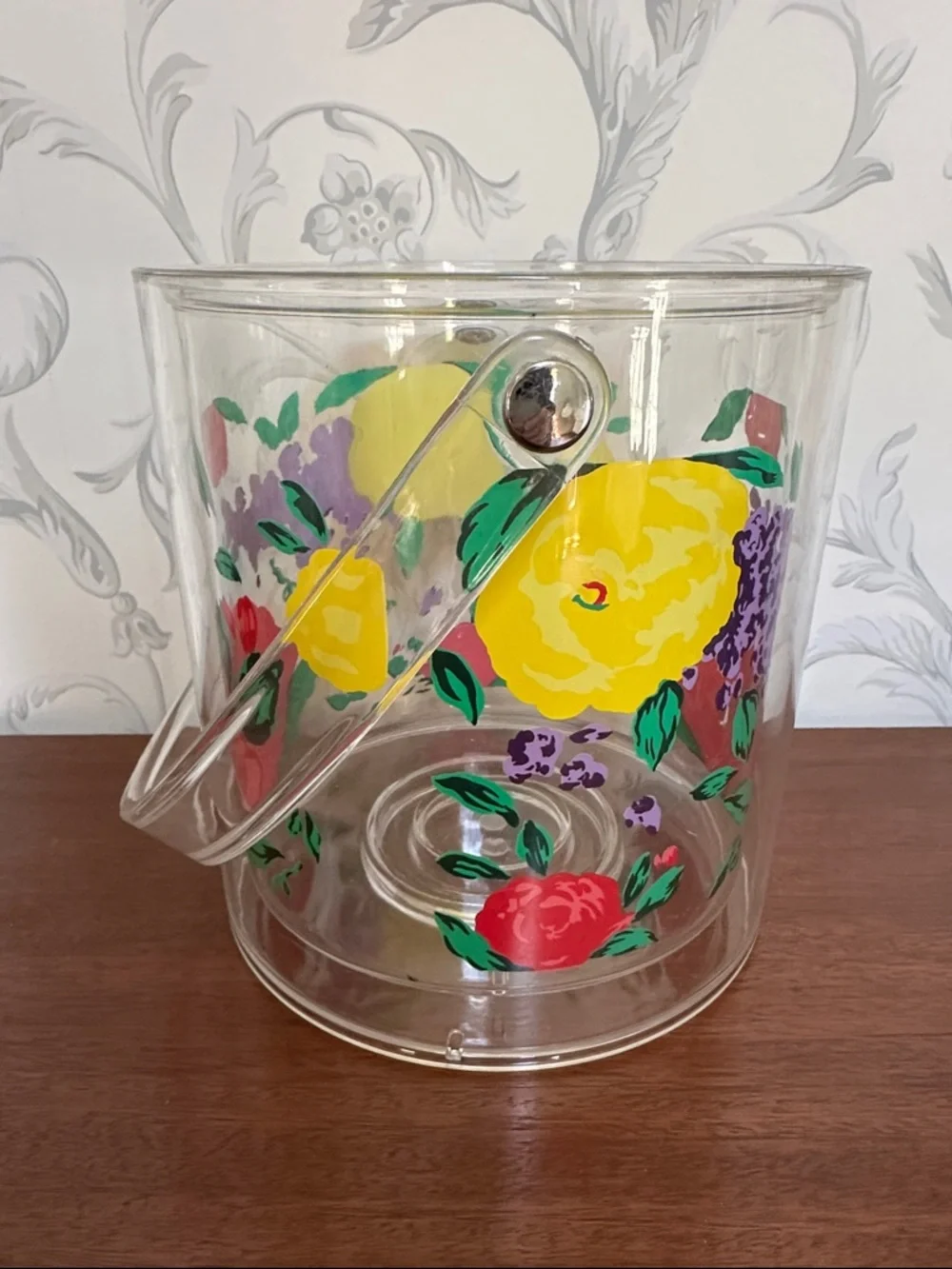 🧊 Clear Floral Acrylic Ice Bucket with Handle lid and tongs retro